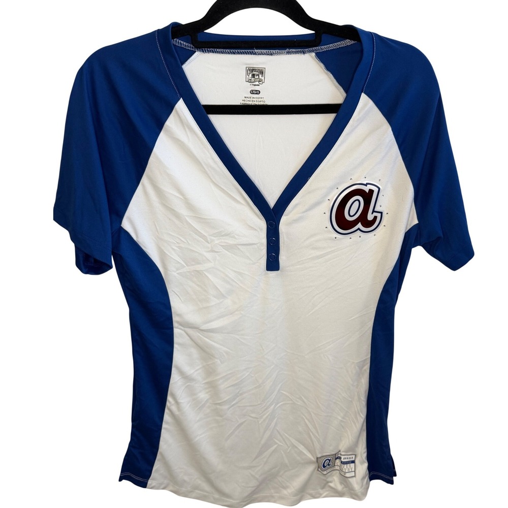 Majestic Women's Blue and White Short Sleeve Henley Tee